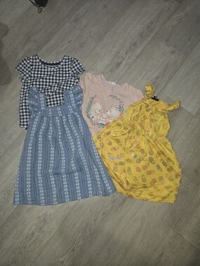 Girls' Mix: Navy Gingham, Dusty Pink Bear Tee & Yellow Pineapple Dress Bundle